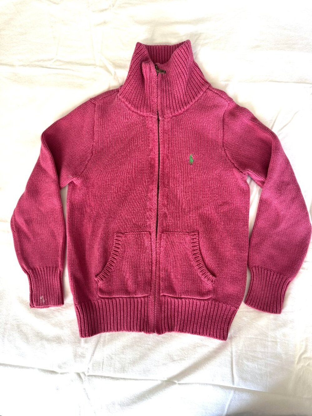 Ralph Lauren Girls Dark Pink Cotton Zip Sweater Cardigan, Size 6